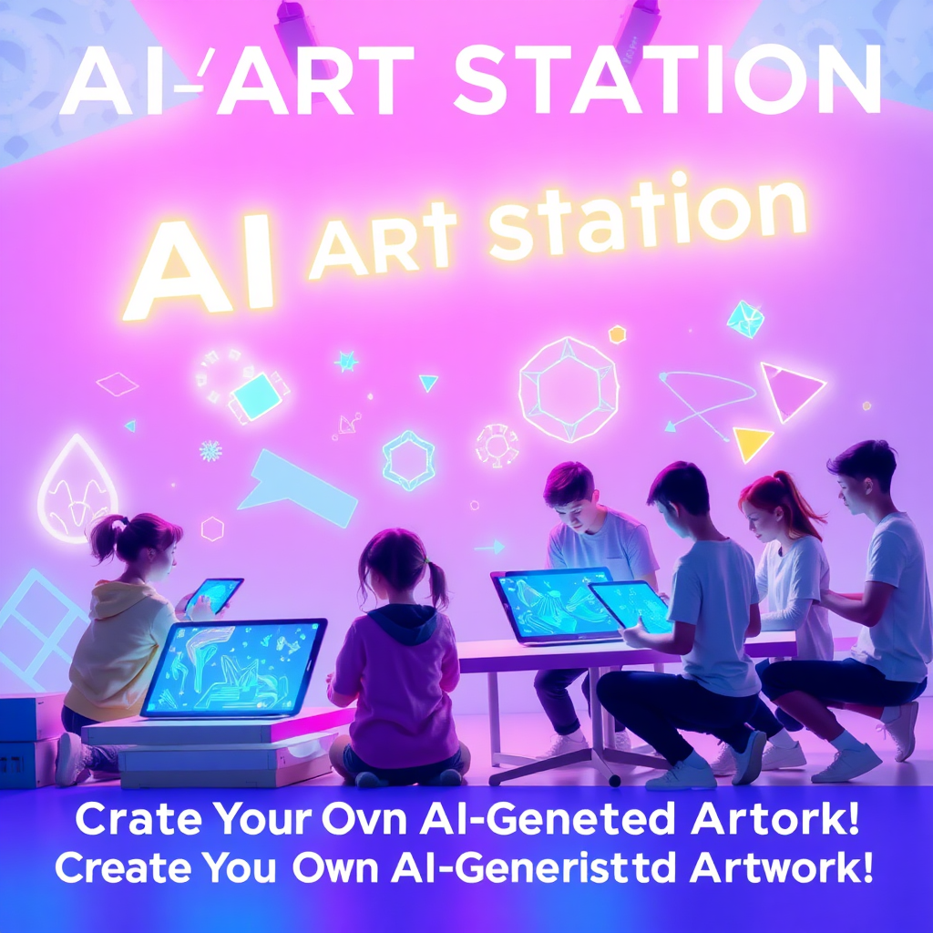 Design a vibrant and futuristic poster for an event called 'AI Art Station,' featuring a dynamic setup with students interacting with tablets or laptops, generating their own AI-created artwork. The poster should convey a sense of creativity and excitement, with AI-generated art pieces floating around the students as if coming to life. Include glowing, colorful digital art elements, geometric shapes, and abstract patterns in the background to emphasize the technological aspect. The setting should feel both modern and approachable, with a sleek, minimalist layout for the equipment (tablets/laptops) and students. The title 'AI Art Station' should be prominently displayed in a futuristic, glowing font at the top, with a subtle light effect. The tagline 'Create Your Own AI-Generated Artwork!' should be placed below, in a friendly and bold font, inviting students to participate. Use colors like neon blues, purples, and soft pinks to give it a high-tech, imaginative feel.