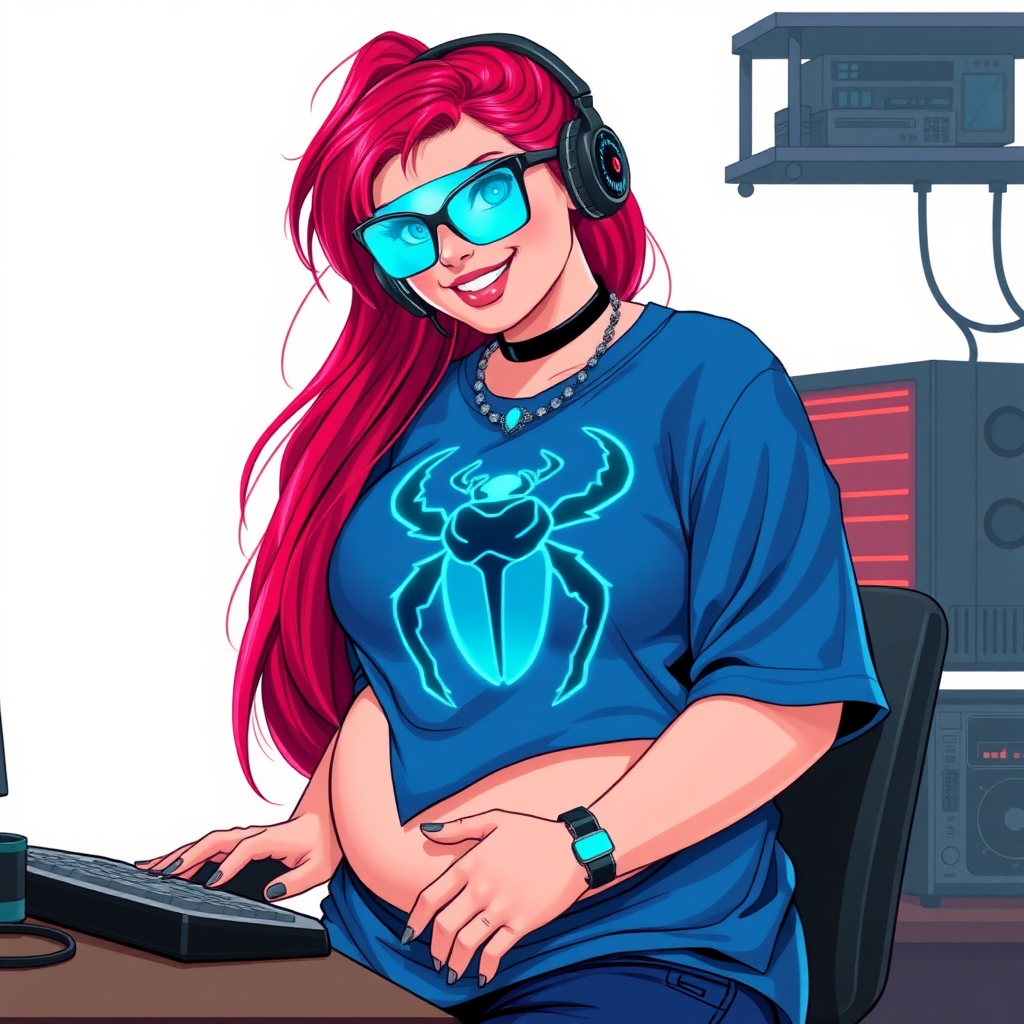 A cyberpunk vigilante’s full-figured intelligent and tech-savvy 29-year-old girlfriend, who is a computer hacker and tech genius. She has a long ruby red ponytail and bright blue eyes. She wears a sapphire beetle gemstone necklace, and an oversized maximum blue t-shirt featuring a giant neon blue glowing icon of a beetle on its chest. She has a full-figured physique with a prominently, gargantuan, well-rounded midsection, reflecting her well-cared-for lifestyle. She sports a sapphire headset with hi-tech maximum turquoise lensed HUD visor, black eyeglasses, and a beaming smile with a passionate bright red blush. Despite her figure and a lack of self-esteem, she radiates an air of beauty. She has a slim face which contributes to her radiant beauty. She serves as his tech expert from his hideout, diligently working at her lab table and computer desk. The background is solid white. She is drawn as if she was in a retro 2D cyberpunk fighting game.