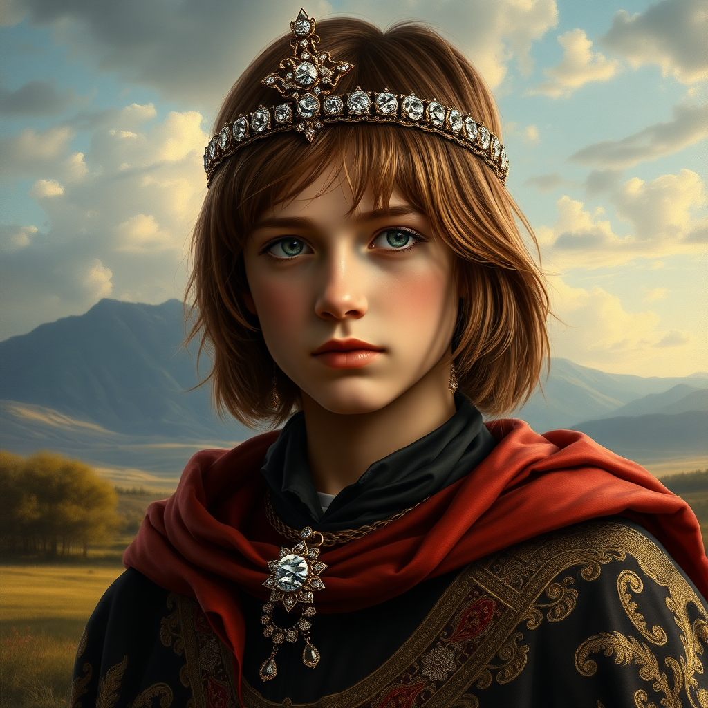 16yo teen boy prince, long bob cut, embroidered with gold and diamonds medieval cloths, diamond diadem, and Beautiful War. Free style by FLUX photorealistic. The background is in the style of landscape style by Antonio del Polaiolo, ultra high resolution, 16K,