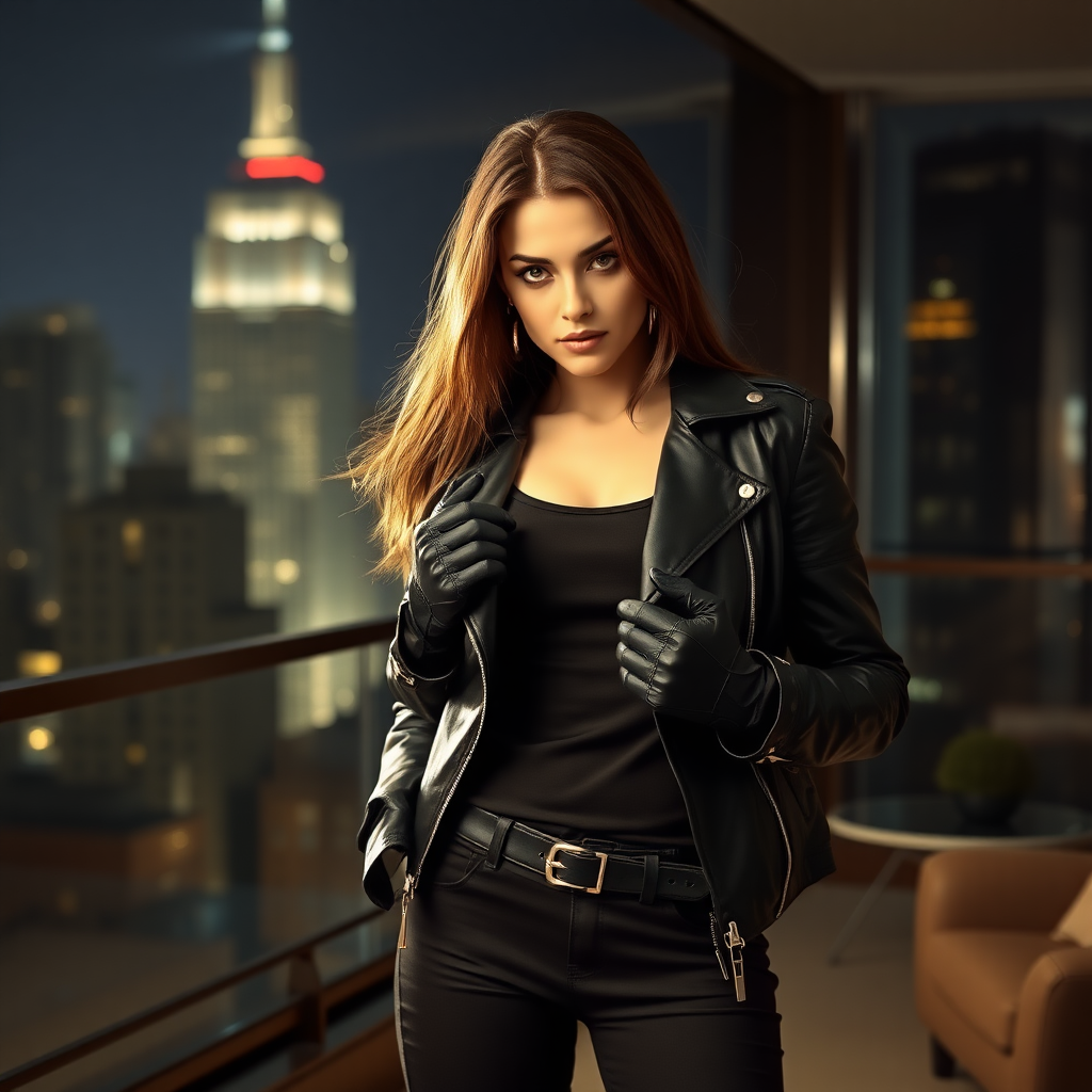 A beautiful tough thief girl in black leather jacket over black t-shirt with black tight jeans and gloves in a Manhattan penthouse at night.