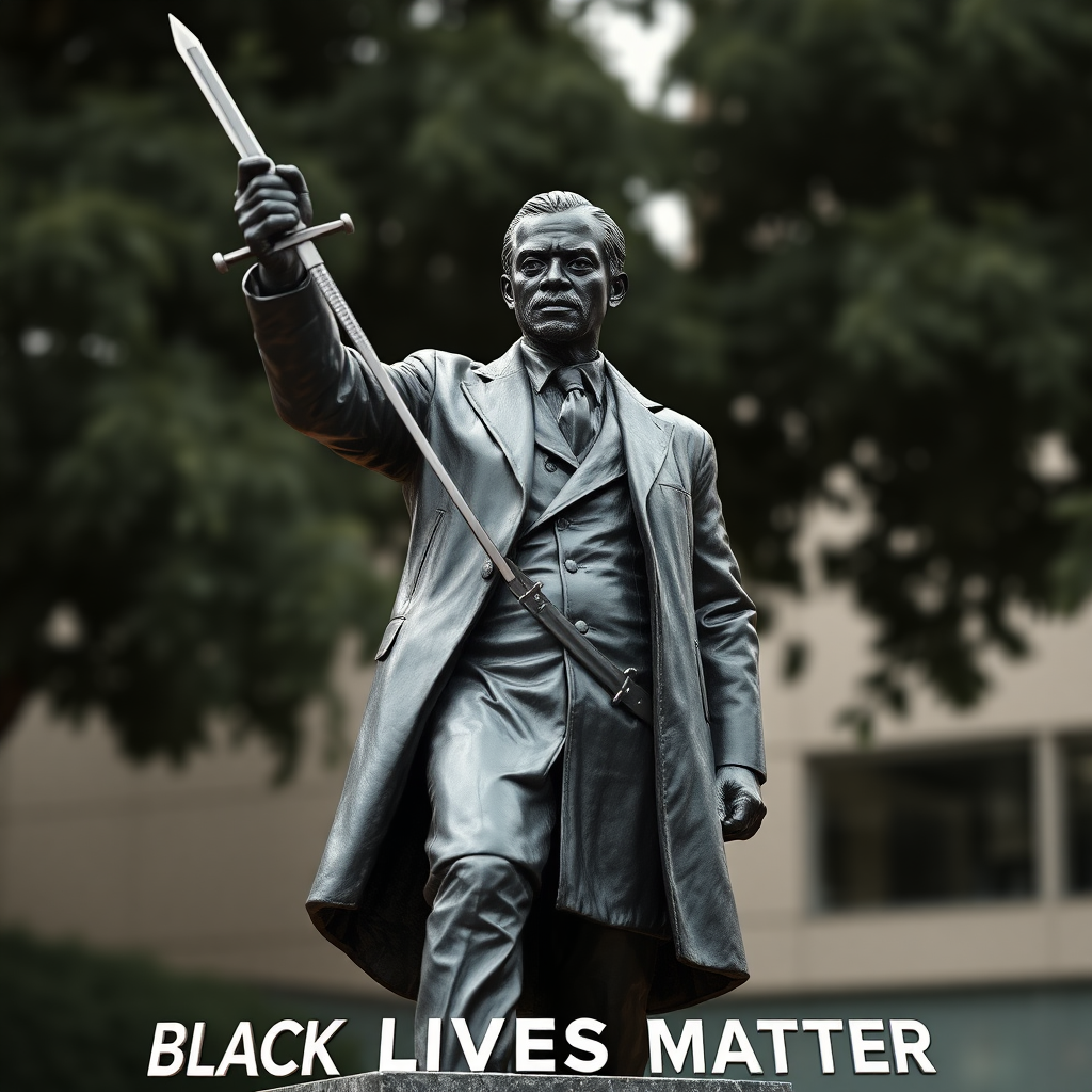 African-American black statue of African-American George Perry Floyd Jr. with a sword posing and 'Black Lives Matter' around it,  
Black Lives Matter (BLM) is a decentralized political and social movement black statueArt. BLM, African-American, black statue, George Perry Floyd Jr.