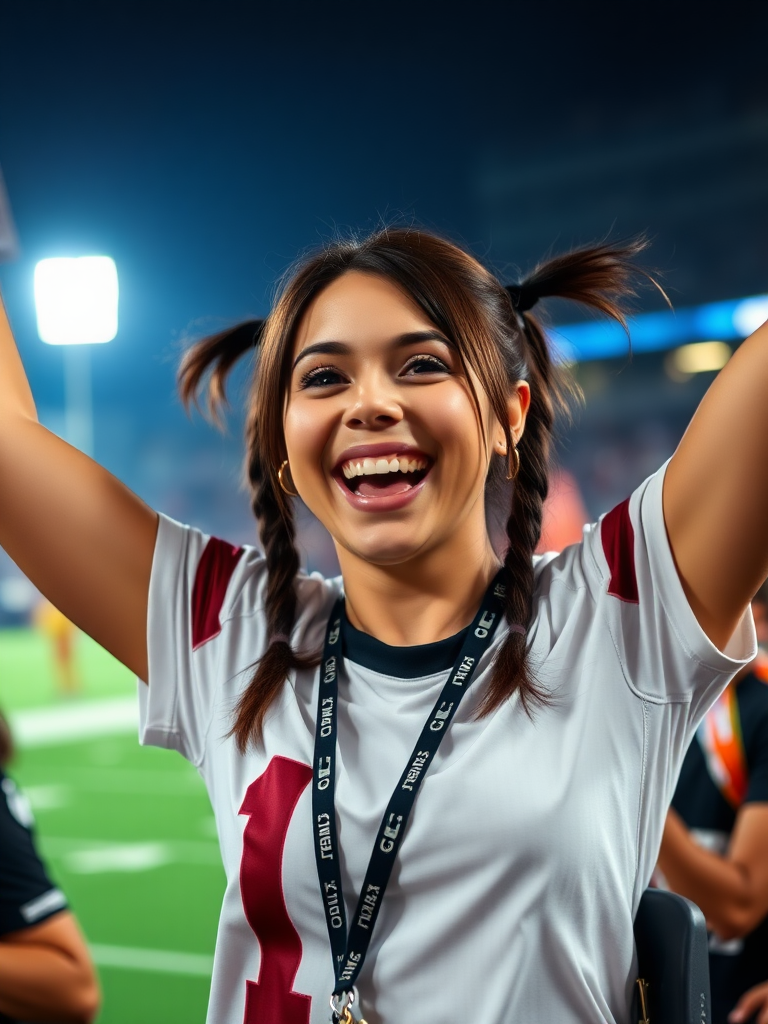 Attractive female NFL fan, pigtail hair, cheering wildly