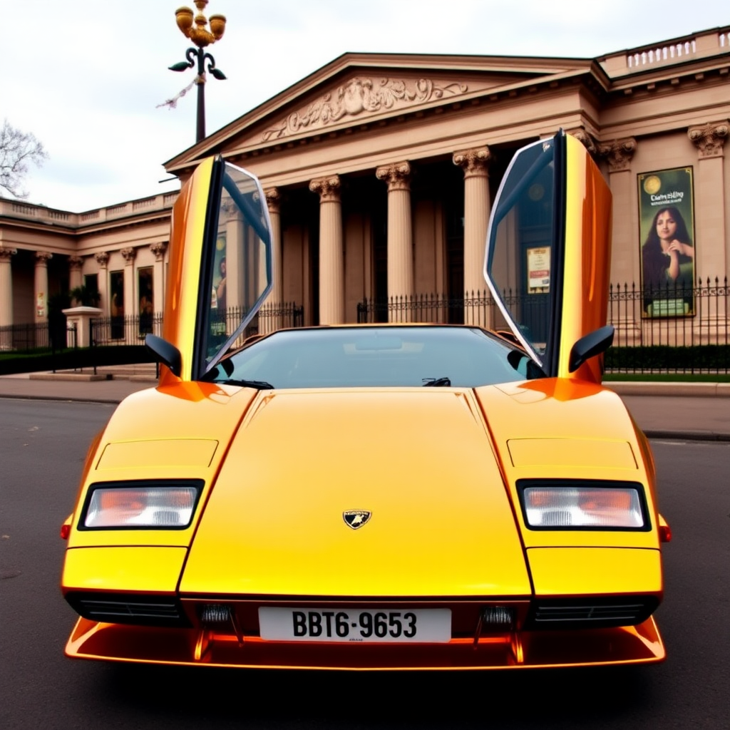 Golden Lamborghini Countach parked in front of British Museum