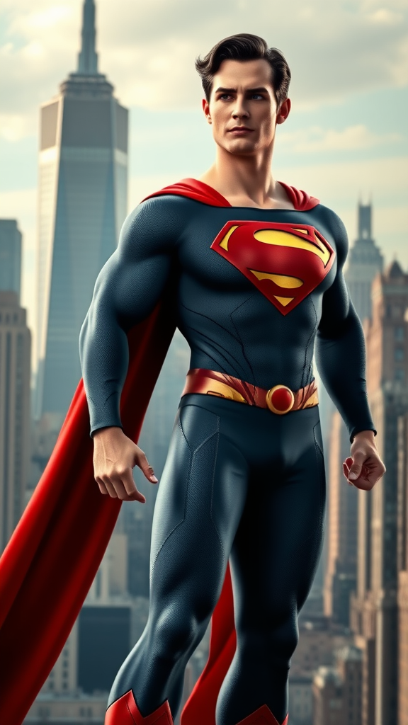 Full-length render of Superman featuring the female figure of Elastigirl. Keep Superman's head intact, including hairstyle and facial features, while using Elastigirl's body. Retain Superman's original costume, adjusting it to fit a female form. For the background, blend elements inspired by both Superman's Metropolis and Elastigirl's urban environments, creating a dynamic cityscape that reflects their superhero worlds.