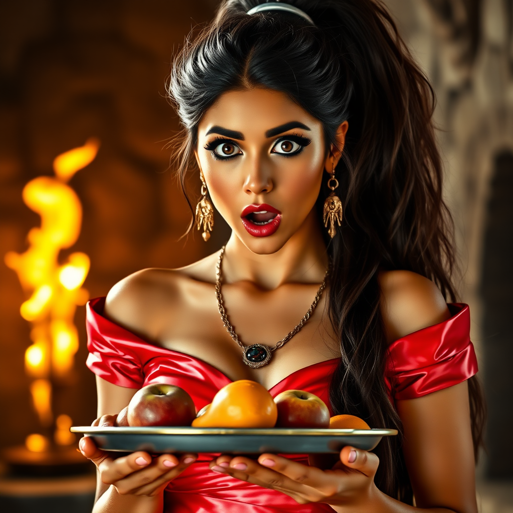 realistic photo of a surprised Arabian model with mouth open. She has very large eyes, black eyeshadow, black eyeliner, fake eyelashes, very tanned skin, very long hair. very high ponytail, she look likes princess jasmine, shinny red off shoulder crop top. photo realistic. She holds a metal tray with fruits just above her waist. crop top, shinny red skirt. full body view. shinny red pencil skirt. dungeon with fire torches in the background.