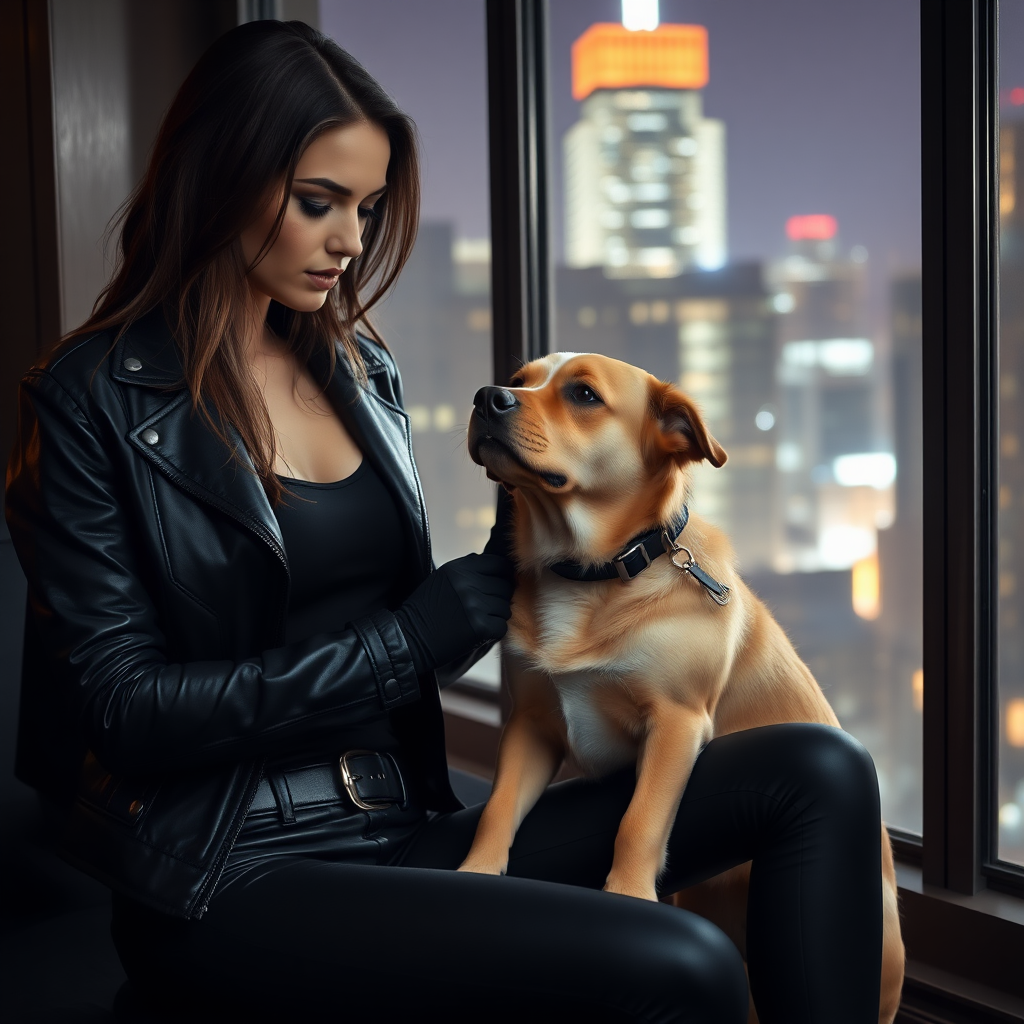 A beautiful tough thief girl in a black leather jacket over a black t-shirt with black tight jeans and gloves is stroking a dog sitting in a Manhattan penthouse at night.