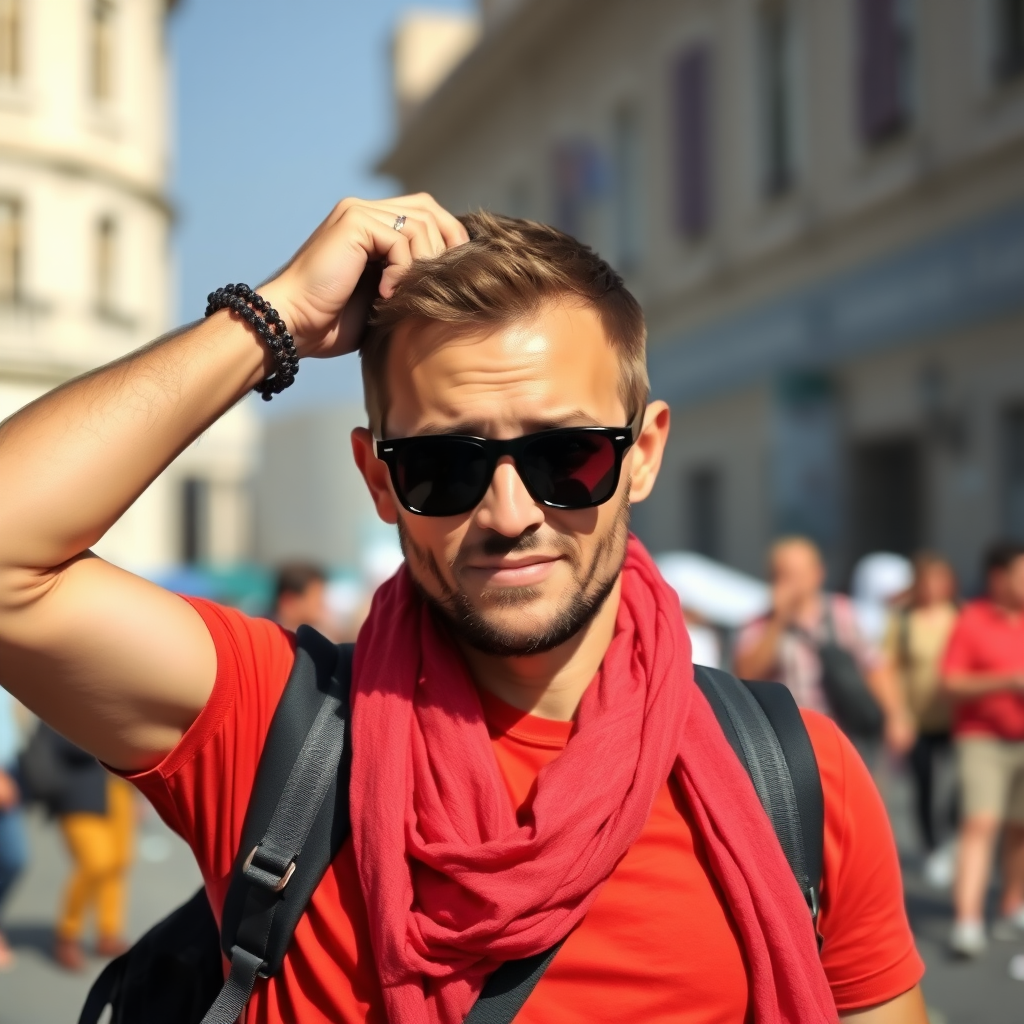 create a photo realistic image of a tourist who holds his head with his hands as if forgetting an important thing. Make the image rectangle and not square