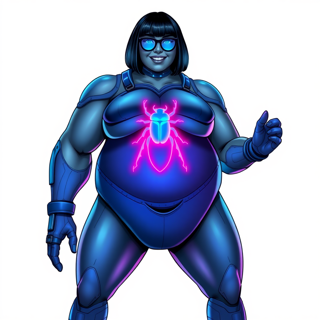 A heavily, extremely, and intensely pampered nerdy full-figured middle gray metallic skinned digital sidekick, a 28-year-old computer major, has been transformed by her doting vigilante boyfriend. Her metallic middle gray skin and bob cut seamlessly blend together simulating computer data, and her neon blue eyes glow with intelligence. Her physique, now showcasing a gargantuan round midsection, massive limbs, and broad shoulders, contrasted by a slim face, clearly reflects her indulgence and pampering. Her full figure is prominently highlighted, with her prominent, gargantuan, round midsection and massive limbs emphasizing her pampered sidekick status. As the loyal and supportive sidekick, she plays a crucial role in their missions, using her digital prowess to assist and protect.

She wears a digital maximum blue bodysuit, featuring a neon blue glowing beetle chest icon, digital maximum blue boots, and matching high-tech gloves. She bashfully giggles with a neon red blush, emitting neon blue data cubes from her body. Her full figure, heavily emphasized and fully shown, clearly shows how pampered she is. Her nerdiness is accentuated by her black oversized eyeglasses.

Her outfit, influenced by DC’s Jennifer Knight Phantom Lady, remains distinct. Adding to her pampering, she serves as his minicomputer, traveling in his high-tech wristwatch and supercar’s computer system. Using her ability to hack into computers and machines, she relays crucial knowledge relating to his missions.

Her prominent, gargantuan, rounded midsection and massive limbs are on full displayed, emphasizing her indulgence and pampering while maintaining her nerdy physique. She is on a solid white background. She is drawn as if she was in a retro 2D cyberpunk fighting game. Ensure her midsection is round.