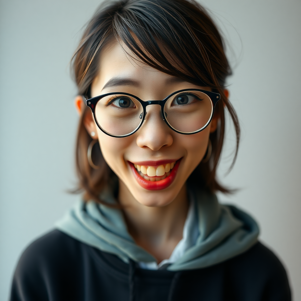 japanese nerdy skinny adult woman with big nose, big mouth, big yellowish teeth, moles, big eyeglasses and medium hair