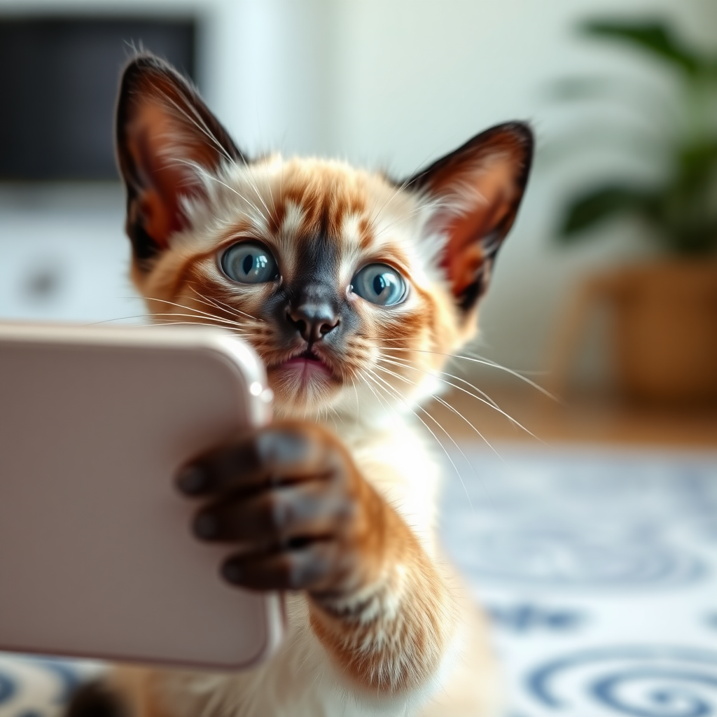 a siamese kitten taking a selfie on a cell phone