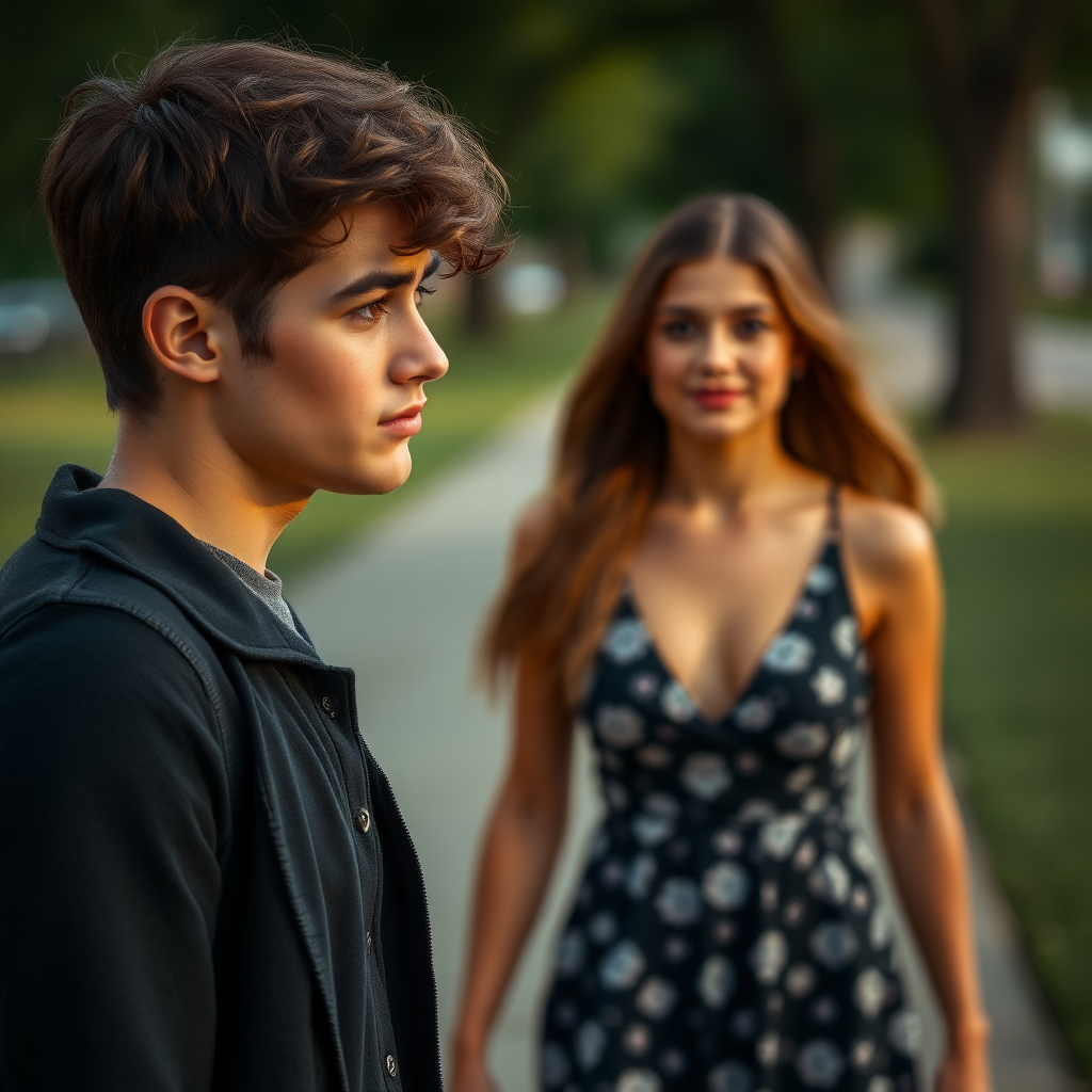 Picture of a young man who's crying while a beautiful woman walks away from him.