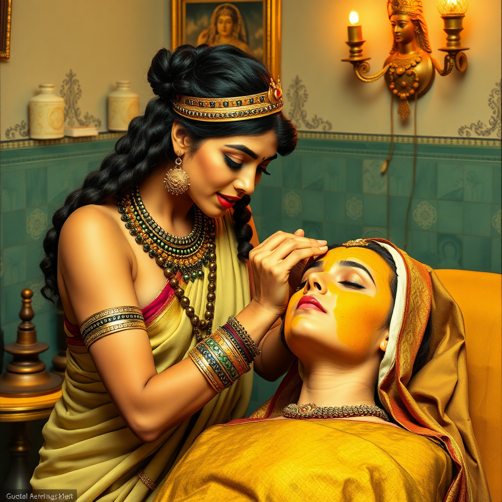 young cleopatra, working in beauty parlour, giving turmeric facial to rich, traditional indian wife