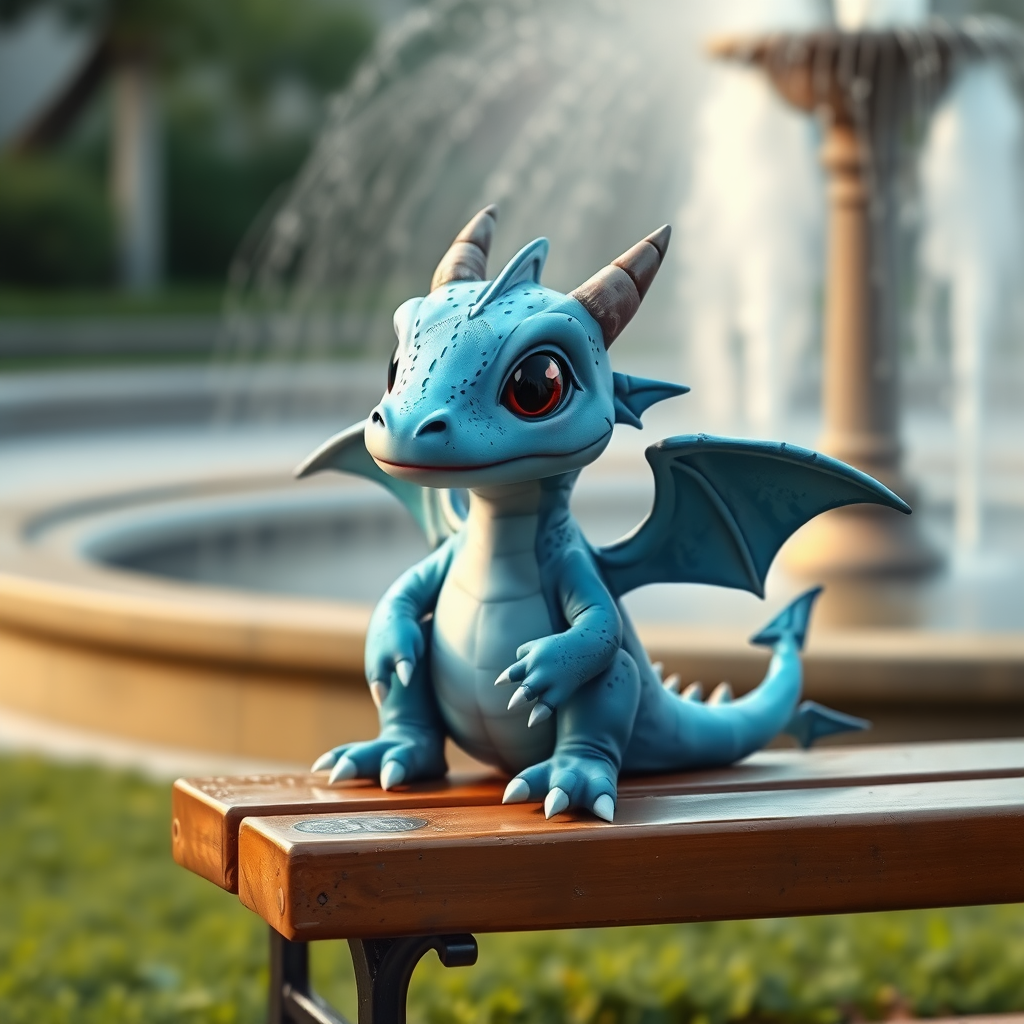 A realistic bored blue small dragon with two legs, two arms, black eyes with red pupils and wings sitting on a bench watching a water fountain.