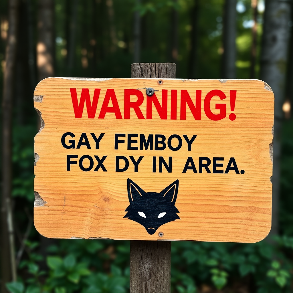 a worn wooden sign in the woods that says "Warning! Gay Femboy Fox in Area" in gay pride colors, the sign has a black minimalistic fox logo with white eyes below the text