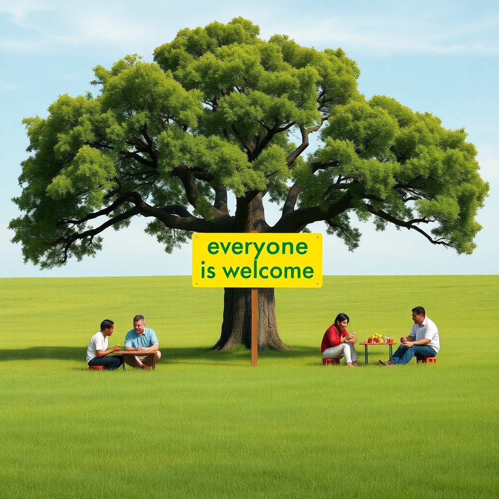 An oak tree standing alone in a grassy field. Two different groups of people are having picnics near it. One group has 3 Caucasians. The other group has 4 Asians. In the middle is a sign that says “everyone is welcome” in green text on a yellow background.