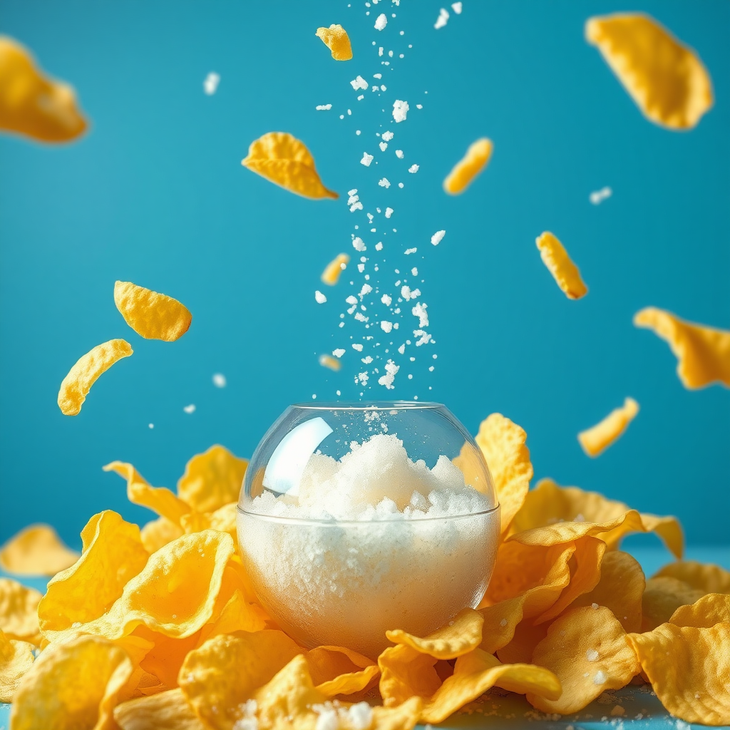 generate image as described below a punch coming out from bottom and potato chips surrounding it with salt sprinkled around