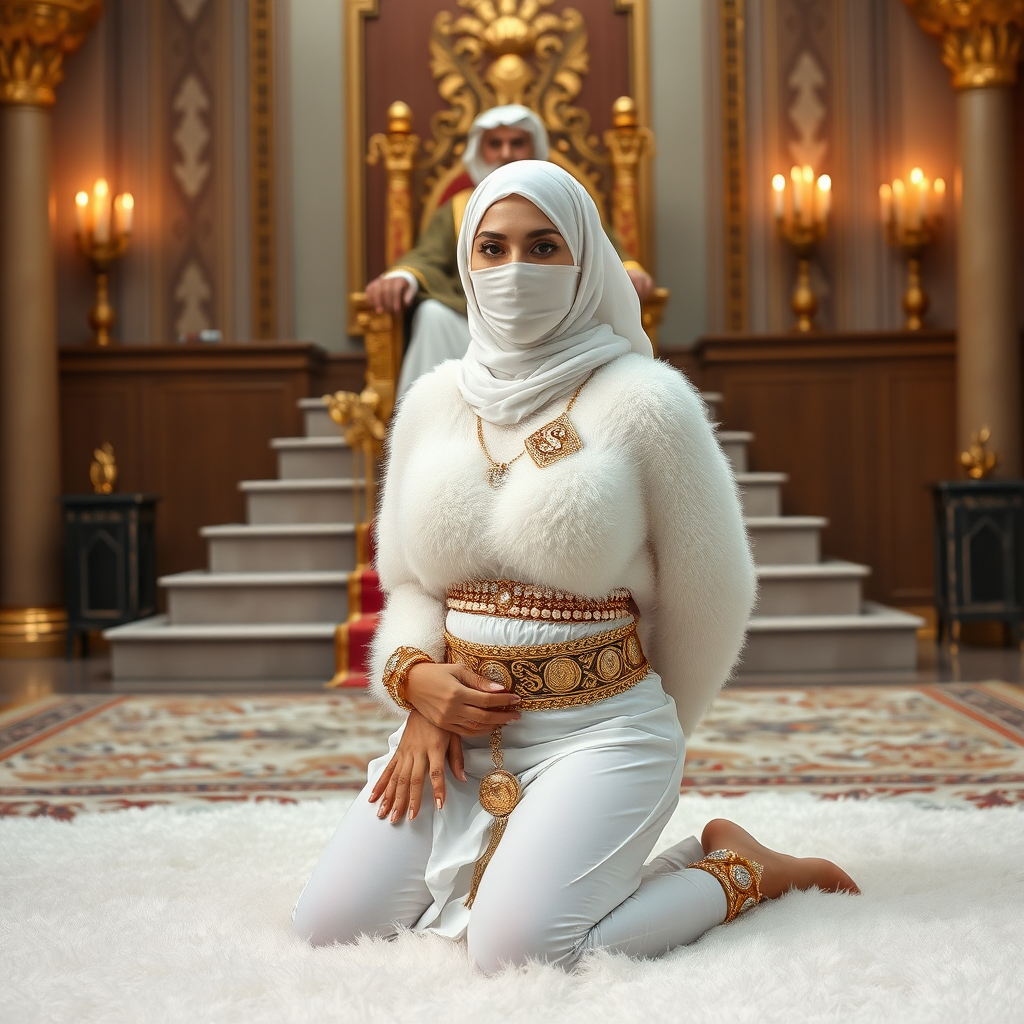 Kuwait desert palace throne room, throne raised on stair head, old overweight mighty sheik sitting on throne. In front of stairs, kneeling on white fluffy carpet: Melissa, European 17 years old very convincing femboy “trophy-bimbo”, tamed servile docile, rather short, by hormones very curvaceous womanly figured, platinum blond short tight curls, heavily made-up eyes, wearing Supertanya-style fluffy very fuzzy bright white angora turtleneck-poncho cropped ending under bust decorated with pearls and gemstones, striking oriental wide gold bridal protection belt, white fully transparent harem pants, full Oriental bridal jewelry, face covered by white sheer full Burka, coin anklets, striking diamond “$$$” letter brooch on left chest, pout frustrated, hands tied behind back, looking at camera. Focus on face and turtleneck-poncho.