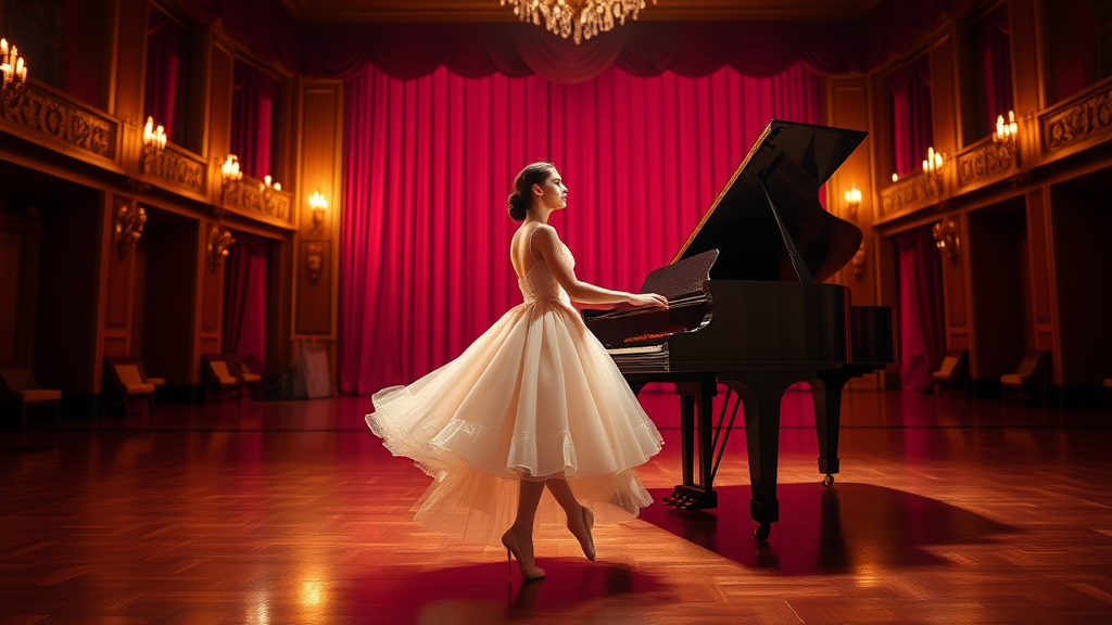 In the heart of the opulent ballet theater, a solitary ballerina stands poised on a polished wooden stage, the air rich with the faint scent of the high-gloss finish and the lingering aroma of fresh flowers from backstage. She wears a stunning silk gown that transitions from a delicate blush pink at the bodice to a shimmering gold at the hem, its fabric billowing softly around her like wisps of cloud as she moves. The backdrop glows with soft pink and gold lighting emanating from a magnificent grand piano, its glossy surface reflecting the warm hues that dance across the stage.

As she gazes out at the audience, her ethereal eyes, gleaming with a hint of mischief and deep contemplation, capture the light and seem to hold untold stories. Each gentle brush of her fingertips against the piano keys is a whisper of sound, a delicate caress as if she were nurturing a precious secret, creating a symphony that fills the theater with an enchanting melody.

Surrounding her, the luxurious velvet curtains drape elegantly, their rich burgundy contrasting with the delicate grace of her presence. The quiet anticipation from an unseen audience hangs palpably in the air, creating a tranquil yet electric atmosphere, a fusion of art and emotion. In this moment, she embodies a vision of grace, tranquility, and elegance, offering a glimpse into a world where movement and music weave together in perfect harmony.