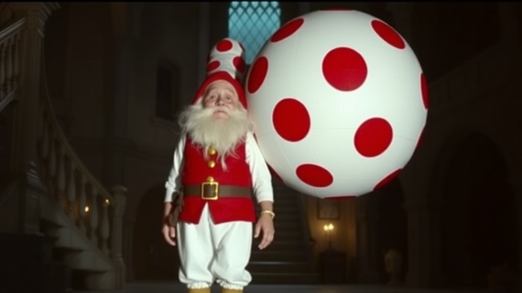 Interior. Dimly lit castle. 1980s movie. A dwarf with white pants, red vest, and very large spherical hat that is white with large red spots.