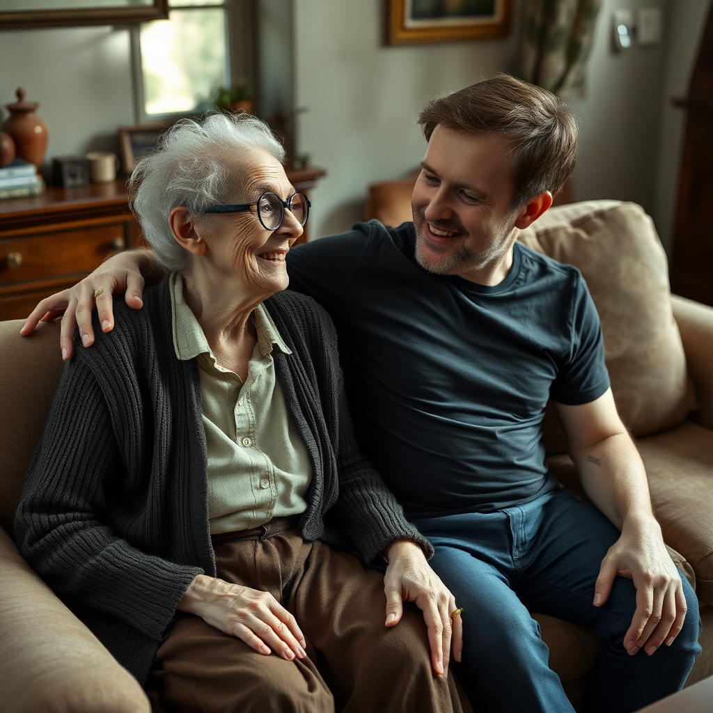 In a scene viewed from an angle and slightly above: In an old-fashioned English living room, a very frail, small and thin, very old and elderly English lady with an ugly face, kind smile, short, thinning white curly hair, wrinkled face, neck and skin, wearing thin framed glasses, an old cardigan, blouse and long skirt is sitting on a sofa with an English man about 40 years old, grey stubble on his chin, brown hair, sitting close next to her on the same sofa, wearing a black T-shirt and dark blue jeans. The man and woman are smiling at each other. The woman is looking at the man's eyes and smiling. The man is looking at the woman's eyes and smiling.