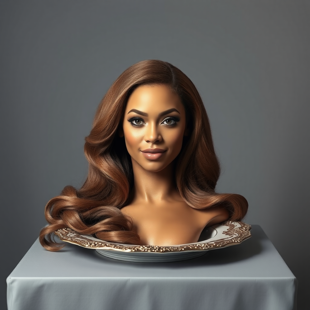 In a surreal and striking scene, the elegantly styled disembodied head of a stunningly beautiful Beyoncé rests gracefully on an ornate, luxurious plate, which is carefully placed on a simple, understated table. Her very long, flowing hair cascades like a rich waterfall of silky, rich brown locks, framing her exquisite face and accentuating her radiant, flawlessly glowing skin. The delicate contours of her chin rest lightly against the polished surface of the plate, lending an unexpected intimacy to the bizarre presentation. 

The background is a muted, plain gray, casting an air of modern minimalism that contrasts dramatically with the lavishness of her appearance. Soft shadows play across her features, highlighting the subtle high cheekbones and perfectly shaped lips, which seem poised for a soft smile. The atmosphere feels both elegant and eerie, inviting intrigue and contemplation as viewers are drawn into this surreal artistic tableau, where beauty and the absurd collide in unexpected harmony.