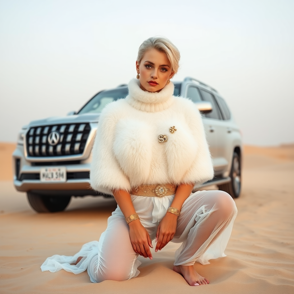 Kuwait desert dunes misty dawn, full size luxury SUV: Melissa, European 17 years old very convincing femboy “trophy-bimbo”, tamed servile docile, very beautiful feminine flawless face, rather short, by hormones very curvaceous womanly figured, platinum blond short tight curls, bold red lips, heavily made-up face, wearing Supertanya-style fluffy very fuzzy bright white angora turtleneck-poncho cropped ending under bust decorated with pearls and gemstones, striking oriental wide gold bridal protection belt, white fully transparent harem pants, full Oriental bridal jewelry, full Oriental face-jewelry, coin anklets, striking diamond “$$$” letter brooch on left chest, pout frustrated, hands tied behind back, kneeling in sand in front of SUV, looking at camera. Focus on face and turtleneck-poncho.