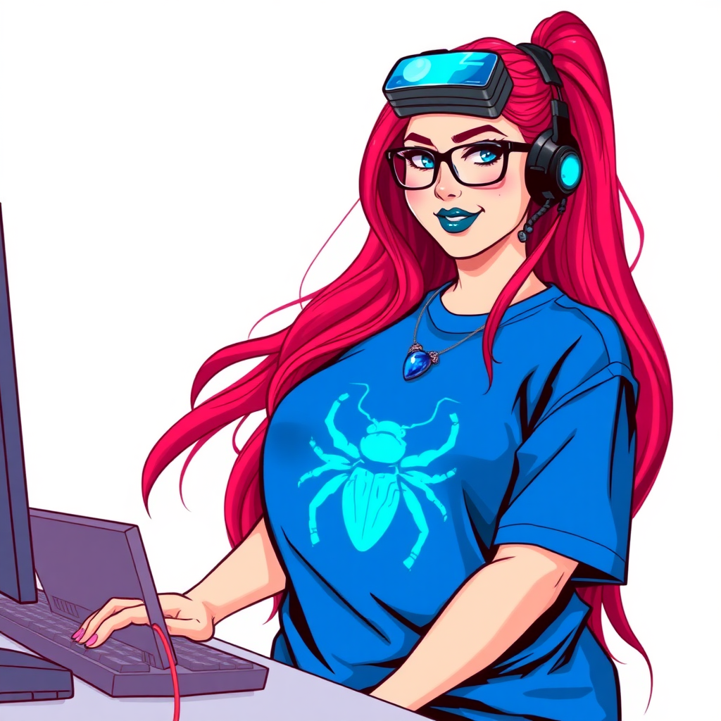 A cyberpunk vigilante’s full-figured intelligent and tech-savvy 28-year-old girlfriend, who is a computer hacker and tech genius. She has a long ruby red ponytail. She wears maximum blue lipstick, bright blue eyes, a sapphire beetle gemstone necklace, sapphire earrings, black eyeglasses, and an oversized maximum blue t-shirt featuring a blue sapphire gemstone crusted beetle chest icon. She has a full-figured physique with a prominent, massive, round belly, reflecting her well-cared-for lifestyle. She sports a sapphire headset with a hi-tech maximum turquoise lensed HUD, and a shy smile with a neon red blush. She serves as his tech expert from his hideout, diligently working at her lab table computer desk. The background is solid white. She is drawn as if she was in a retro 2D cyberpunk fighting game. Ensure her maximum blue t-shirt covers her belly.