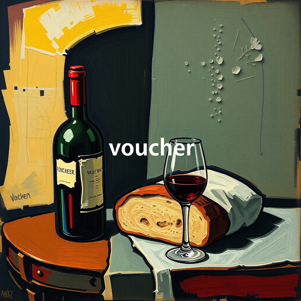 Create a voucher for wine and bread in the way Picasso would have done it. The word 'voucher' should be displayed at the top center.