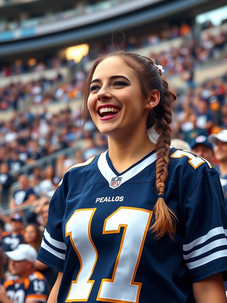 Attractive female NFL fan, pigtail hair, jersey, large tits, reacting to a victory, crowded stadium bleachers