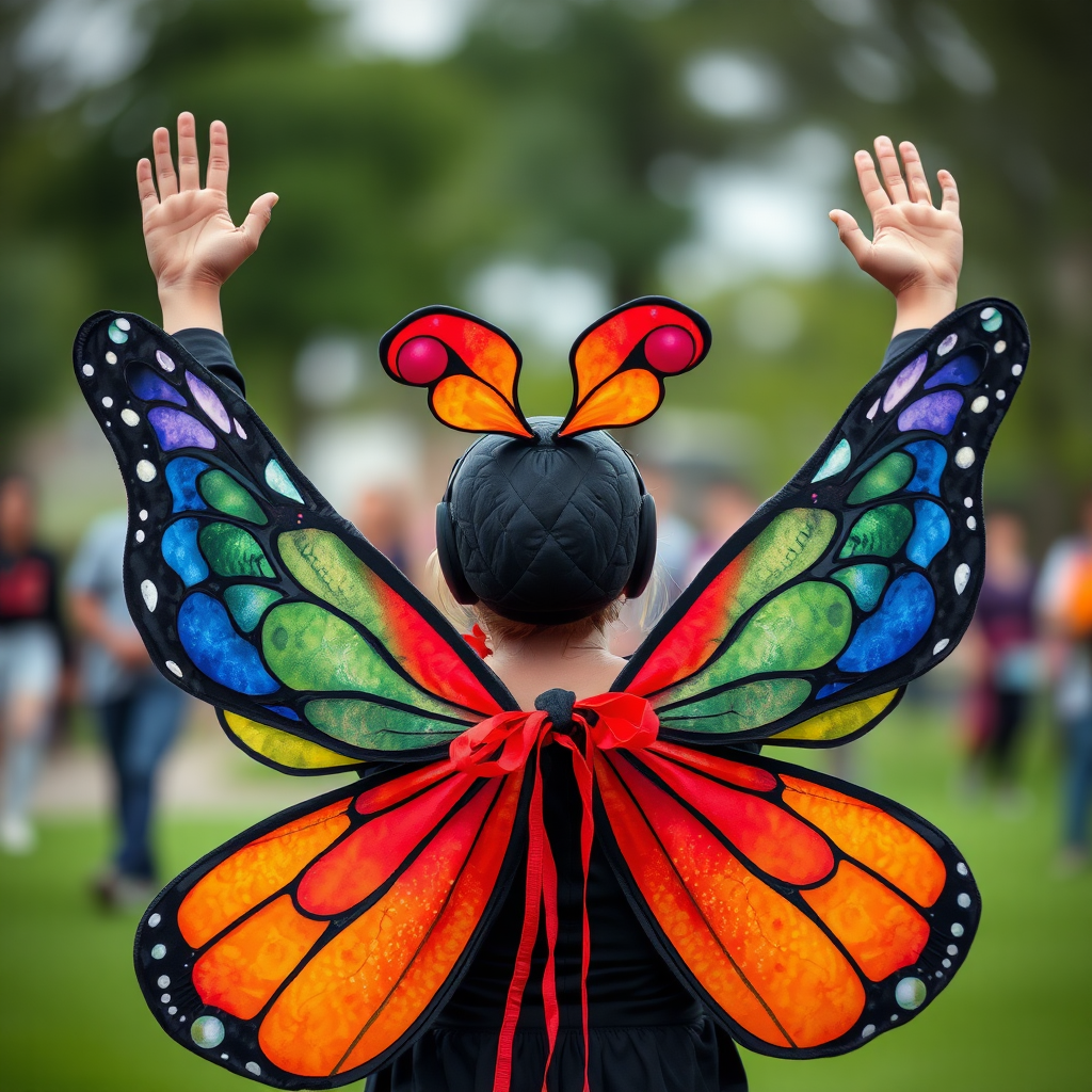 woman in butterfly costume arms raised facing viewer