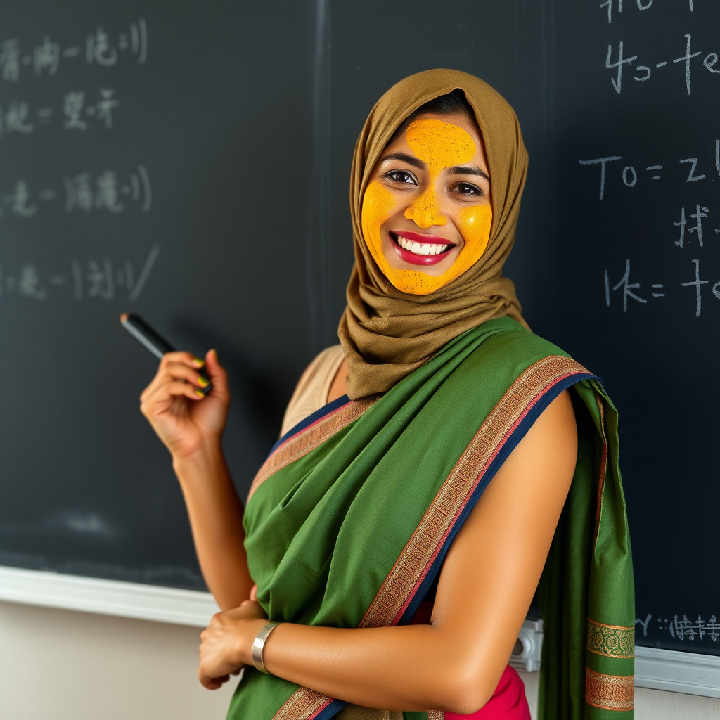 slim, 30 year old, sexy, chinese female school teacher, saree, scarf head, turmeric face mask. She is smiling and teaching on a blackboard