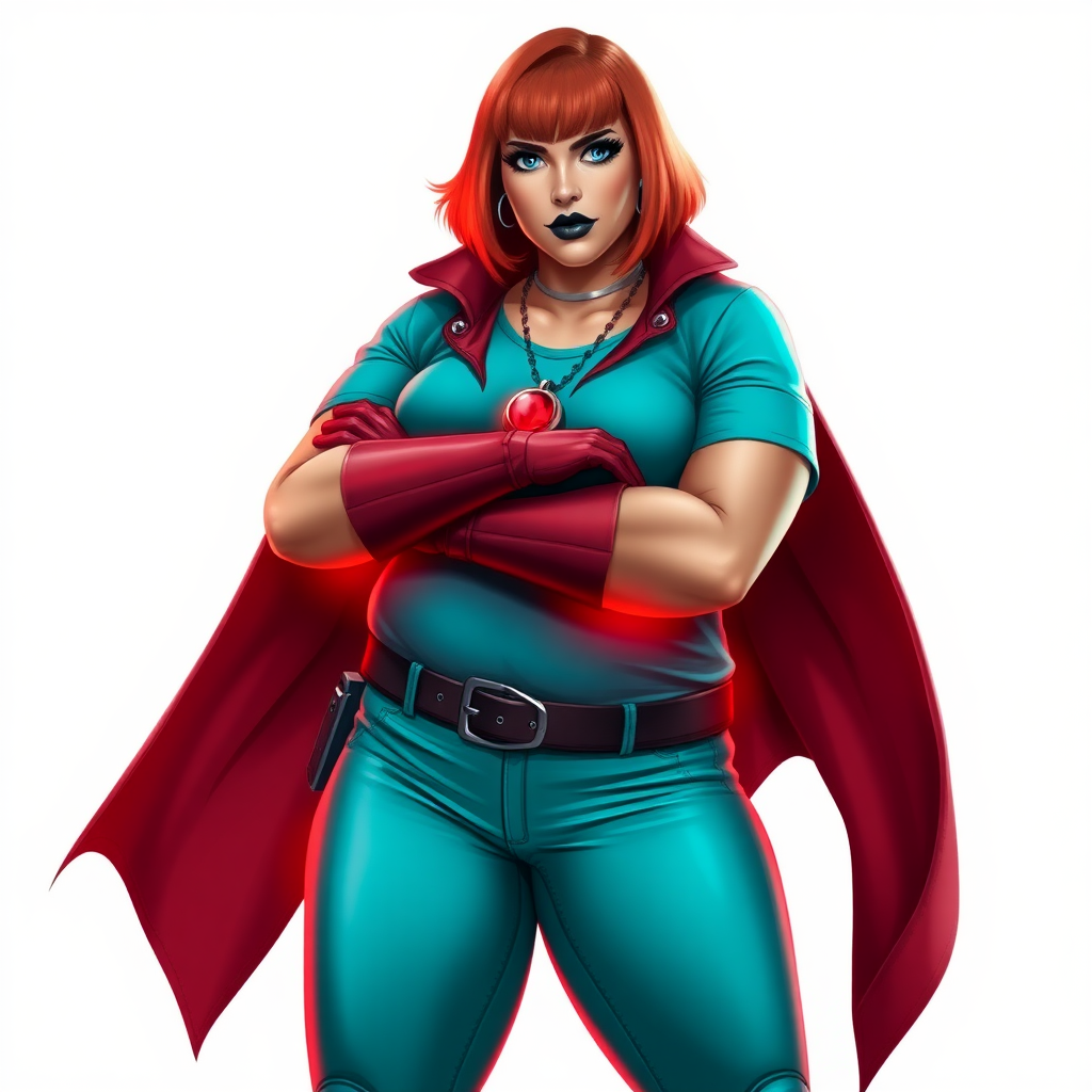 A 26-year-old, full-figured, mystical vigilante detective becomes the heavily pampered mystical ally of her cyberpunk vigilante older brother figure. She has a bright red bob cut, black lipstick, and piercing bright blue eyes. She has a new non-athletic build, now highlighted by a prominent, round, gargantuan midsection (with full emphasis on her gargantuan belly), which shows the aftermath of her new pampered lifestyle. Despite her pampered physique, she shows full confidence. She wears a biker suit consisting of a huge, magical, tight-fitting, maximum turquoise t-shirt (accentuating and emphasizing her gargantuan belly) maximum turquoise biker pants, complemented by a glowing neon red cape, a mystical ruby amulet (which is the source of her mystical powers), and magical red gloves glowing neon red. Her stance is firm and resolute, arms crossed, exuding a no-nonsense attitude. Her costume reflects the influence of DC New 52 Prime Earth’s Phantom Lady, Jennifer Knight, while her pose embodies the moral ambiguity and determination reminiscent of DC’s Pax Americana’s The Question. She is on a solid white background. She is drawn as if she was in a retro 2D cyberpunk fighting game. She is clearly non-athletic, with a focus on her full-figured physique. Make sure that her t-shirt covers all of her bare skin (especially her gargantuan midsection).