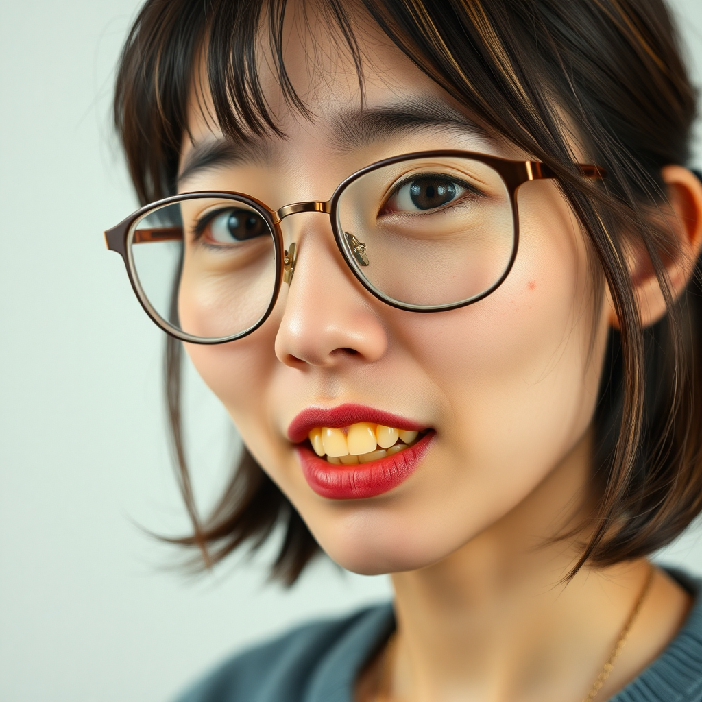 real casual photo, japanese nerdy skinny adult woman with big nose, big mouth, big yellowish teeth, moles, big eyeglasses and medium hair, serious expression