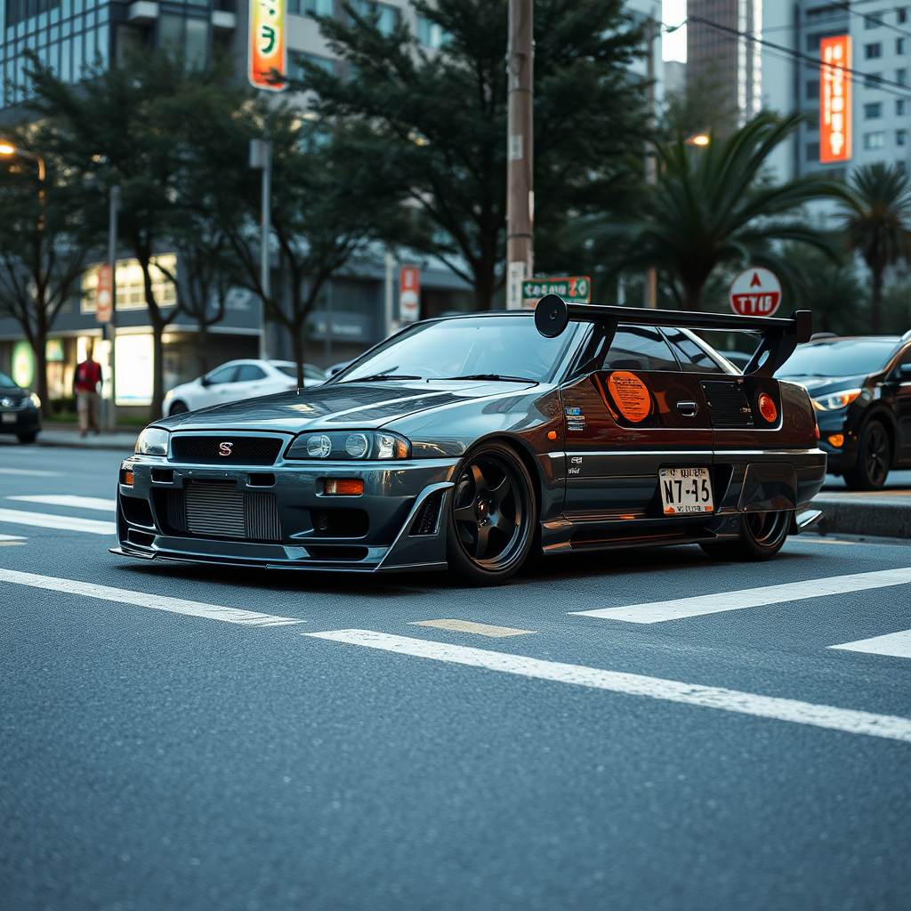 The car is parked on the side of the road, inspired by Taiyō Matsumoto, tumblr, restomod, nd4, c4 metallic shine gray black nissan skyline r34 tokyo arkaplan hatasız tam eksiksiz ayrıntılı genel gerçek detaylar en iyi fotoğraf poz sinematik hafif yağış su damlalar yansıma ıslak yol need for speed tarzı body kit