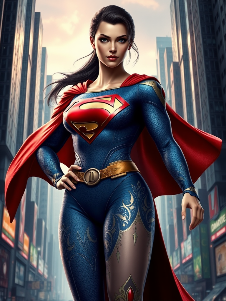 Create a full-length image of Superman with the female body traits of Honoka from DOA, retaining Superman's original male head and face. Emphasize the torso, showcasing Honoka's curvy, athletic figure and detailed muscle definition. Maintain Superman's classic costume but embellish it with elegant, flowing elements from Honoka's outfit, such as intricate patterns and accents. Set the scene in a dynamic cityscape, blending elements from Metropolis and DOA settings. The background should complement the fusion of characters, highlighting both urban and battle-ready environments.