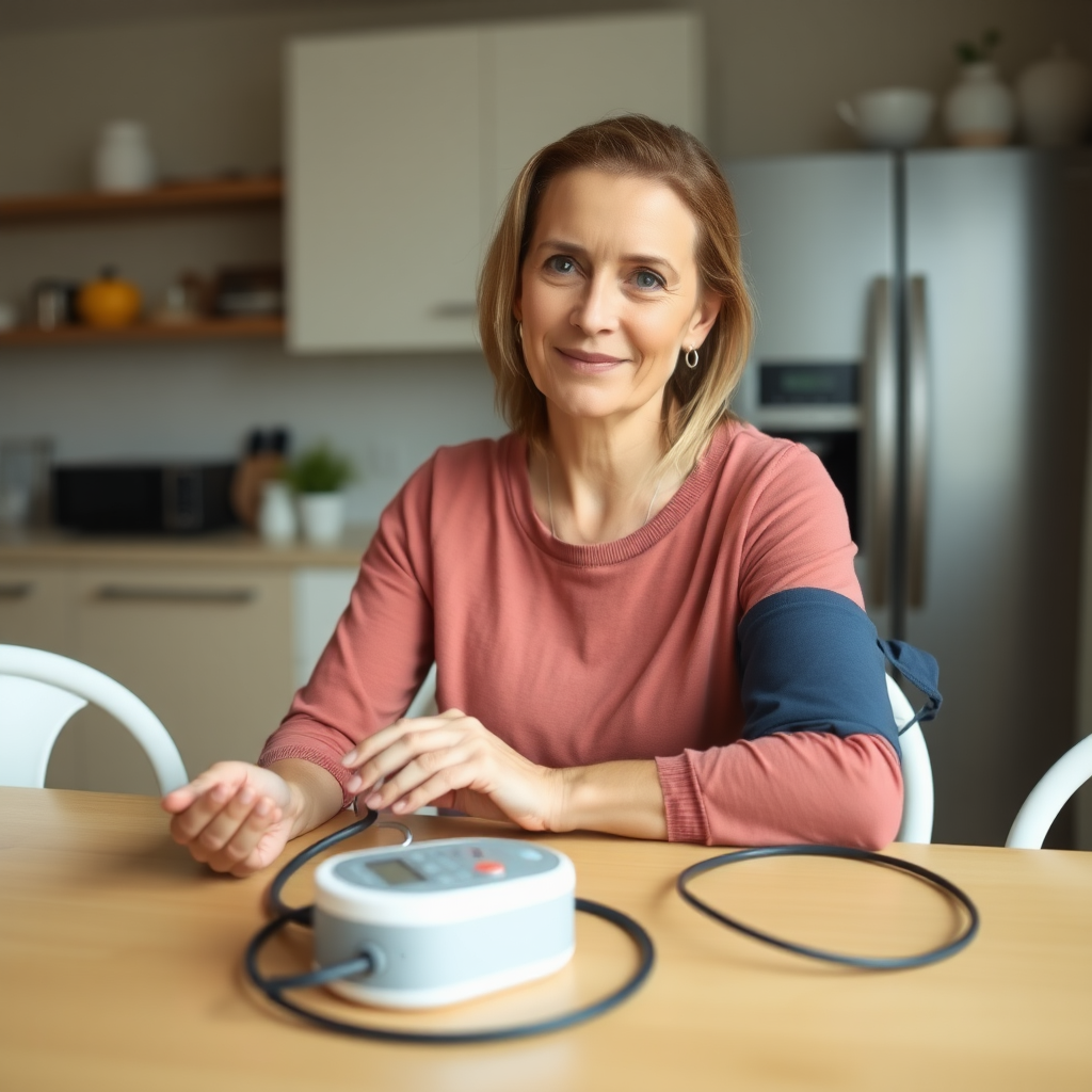 A middle aged Caucasian woman sitting at her kitchen table checking her blood pressure with a cuff BP machine. Her home is clean and uncluttered and minimalist.