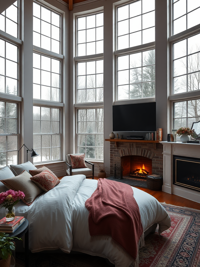 Large windows, large bed, old-fashioned TV, fireplace, books, flowers, real, reality