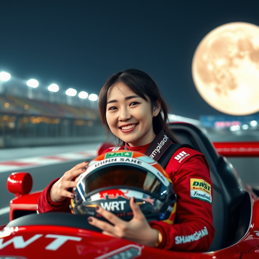 At the Shanghai International Circuit, a red race car with "WRT" written on it, a smiling Chinese female driver holding a full-face helmet, with a huge moon in the background.