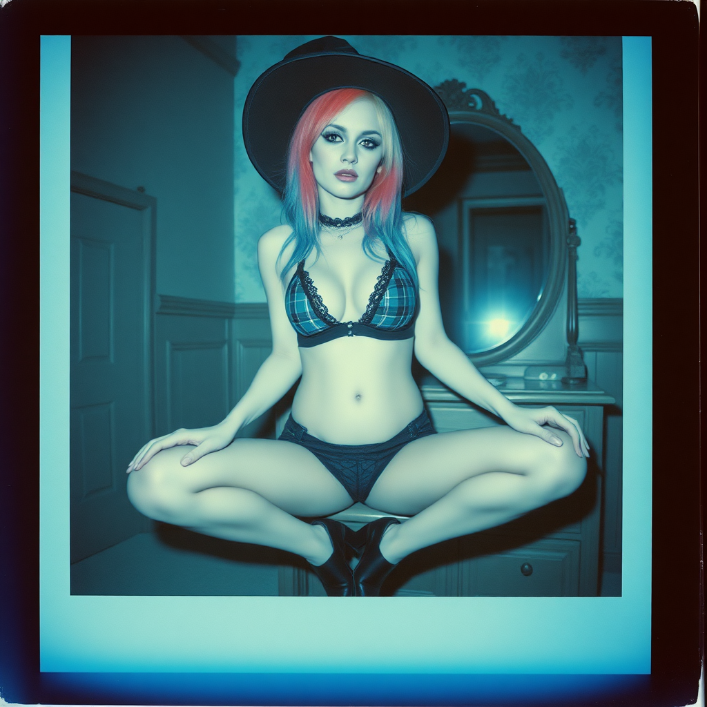 can of an old polaroid photo with heavy dark vignetting and a blue color tint to the photograph and visible light leaks.  The photo depicts a sexy alt goth woman with pale skin and brightly colored dyed hair. She has large breasts with ample cleavage and is wearing a plaid bra with triangle shaped cups.  She is wearing a witch hat.  The image looks hazy and grungy.  She is in an old house with wallpaper on the walls.  Dark lighting with camera flash used. Candid.  she is wearing a tiny revealing lace thong and a tight miniskirt.  She is sitting on a builtin vanity with a mirror with her knees spread apart.  She is wearing black high heels