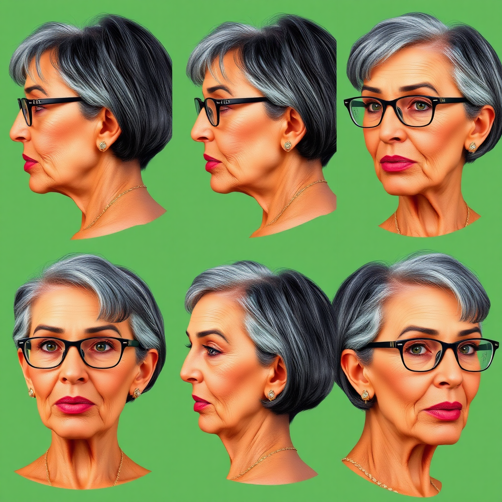 Photorealistic image of six headshots of a 50 Years old, fit, European, Latina, sharp aquiline nose, wrinkles, high cheekbones, Middle Eastern, Skinny, Tanned skin, Dark light skin, full Makeup, jewelry, Sharp nose, exaggerated expression, licking her lips, mouth open, dark grey Ash hair, short bowl haircut, Brown eye color, Glasses, with detailed features. Each photo displays the same face in back, profile and front view, cut out and isolated on a green background. All six heads are visible side by side, empty space around each view, no overlapping.