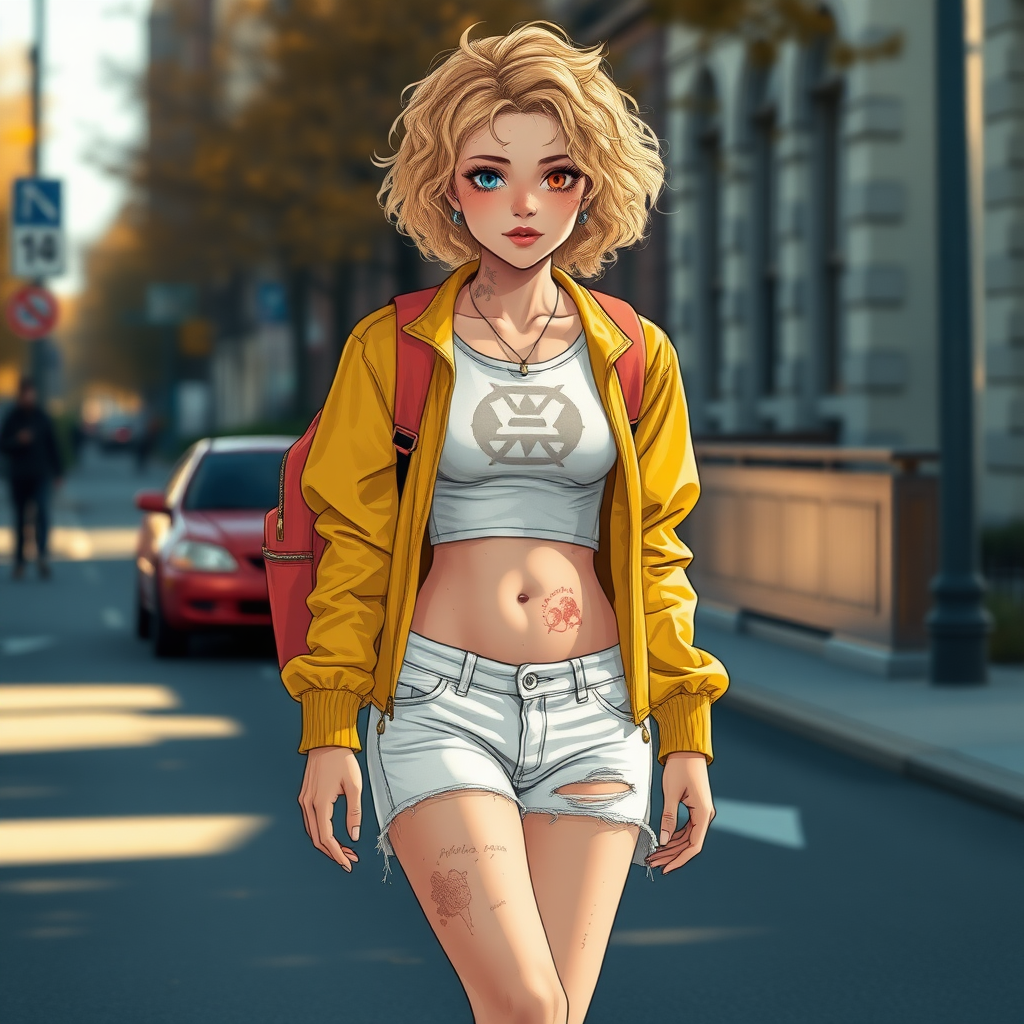 Ultra Realistic taken photo style image, Extremely good quality 8k resolution drawn manga image of a 15 year old petite and short tomboy girl with golden blonde curly hair with mixed and different colored eyes for each eye and moles on her entire body and is a white American girl, Has on a Gold Jacket over a white extremely short crop top only covering her breasts and nothing more with a design on it, and has on ripped shorts and cool looking sneakers and a deep and big wound on her stomach from a huge injury she had, with a bright color backpack, ear piercings on, walking on the street to school in the morning with the beautiful sunlight lighting up her body beautifully.