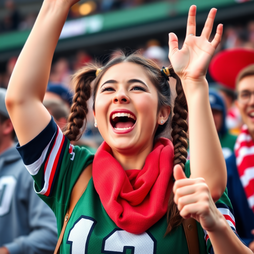 Attractive female NFL fan, pigtail hair, cheering wildly