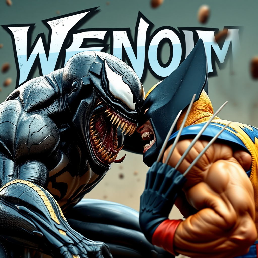 On a comic book cover is Venom Vs Wolverine in Cinematic Real3d photo-realistic quality.