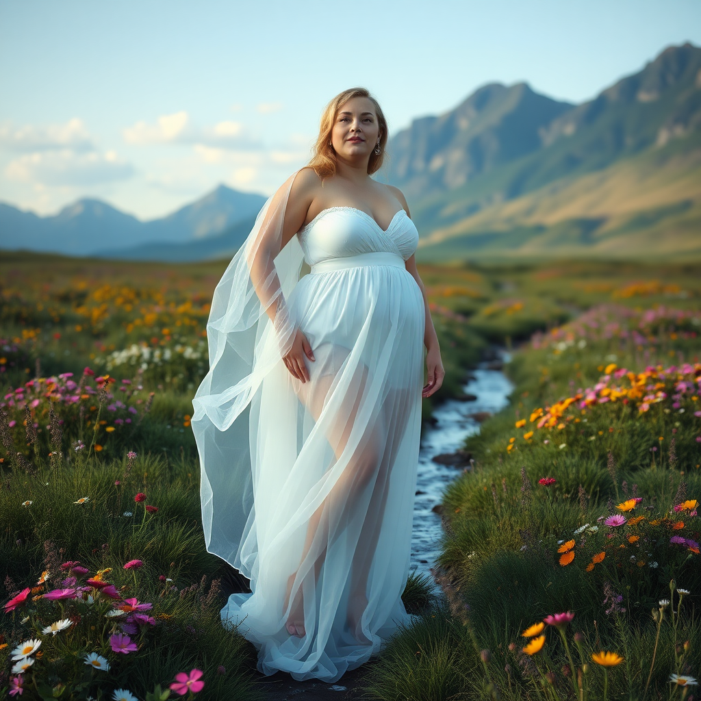 A full figured person in a translucent, white, flowing gown. She is standing in a field of wild flowers, with mountains in the background. A stream is running through the field.