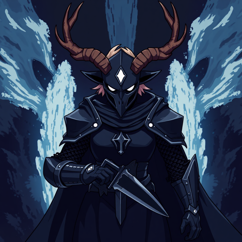 (Anime-pixel art) background of a massive dark blue-black-dark magic fountain erupting into the air, a fierce and violent knight stands poised for battle. She wears sleek, black knight armor, marked by a small white eye shaped symbol at its center, exuding an air of intimidation. Her face is obscured by a terrifying goat-like mask, with a single glowing white eye on the right, and another white eye symbol perched at the top of the mask, adding to her menacing presence.

The knight's imposing silhouette is accentuated by two large, dark-silver shoulder guards that gleam ominously in the darkness. Draped behind her is a flowing dark-blue cape that billows dramatically, hinting at her formidable power. Atop her head, two impressive deer antlers rise on each side of her head, further enhancing her fearsome appearance, while her short, tousled blonde hair peeks out from beneath the mask. She is holding a black knife with dark magic meant to open dark fountains.

This is the Roaring Knight, known as Mayor Holiday from Deltarune, captured in a striking full-body view that highlights both her ferocity and enigmatic allure.