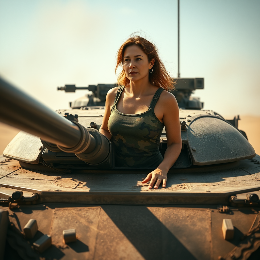 Create a photorealistic, cinematic wide shot of a woman in her mid-30s, wearing a camouflage tank top, standing as the commander of a Leopard 2 tank. She is partially out of the open turret hatch, gripping it with one hand, looking focused into the distance. The tank, detailed with realistic textures of metal and dust, is positioned in a sunlit, dusty battlefield. The camera angle is wide and low, capturing both her and the imposing tank in a dramatic, action-focused composition. The background shows barren, dusty terrain, with natural lighting and shadows adding depth.