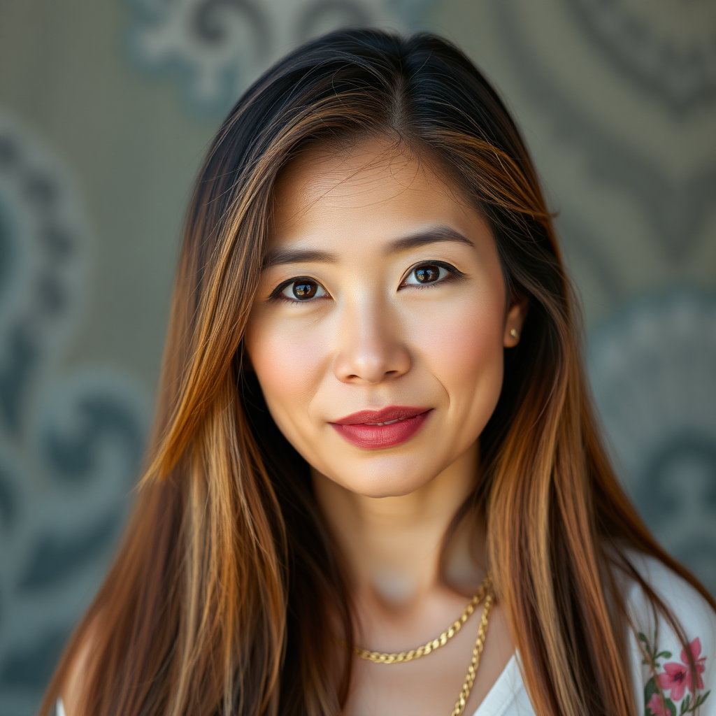 A 45 Year young North-East Thai Women with gold and violet colored long straight Hair and a fine Gold chain.