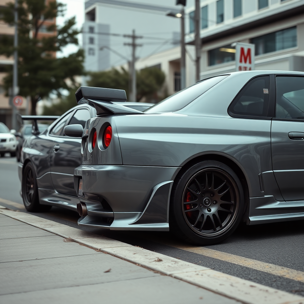 the car is parked on the side of the road, inspired by Taiyō Matsumoto, tumblr, restomod, nd4, c4 metallic shine gray black nissan skyline r34 kalabalik tokyo gece arkaplan