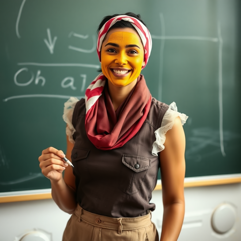 slim, 30 year old, sexy, french maid, short scarf head, turmeric face pack. She is smiling and teaching on a blackboard