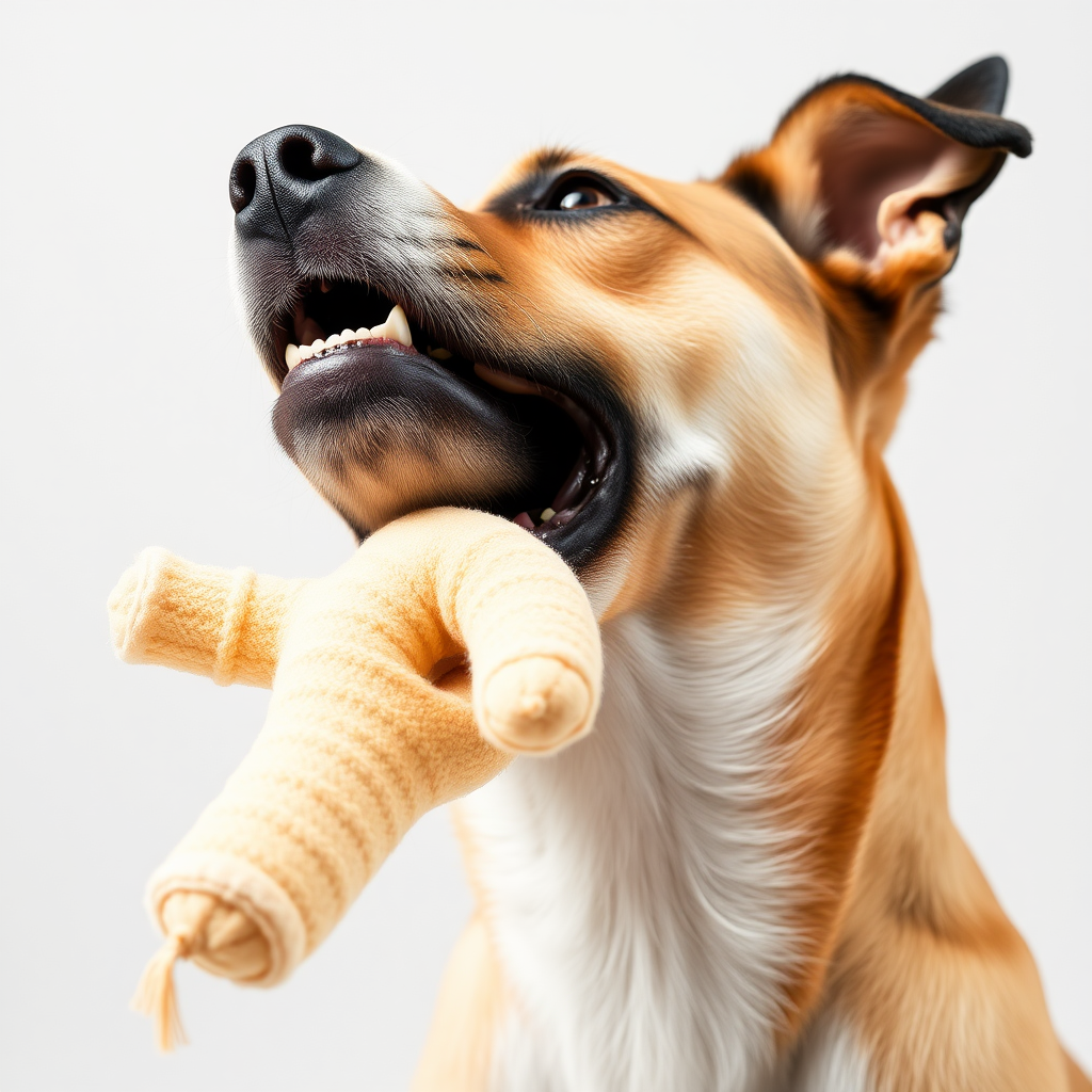 A dog biting a toy, close-up shot, side view of the head, stretching its neck, looking up. Open the mouth, opaque.